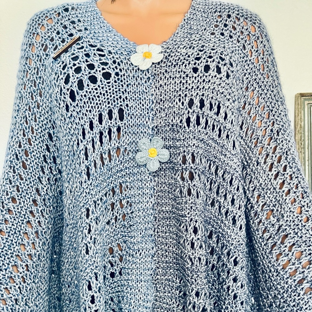 Hand Knits 2 Love Cotton Poncho Shawl Two Tone Blues Tassel Flower Lace Designer